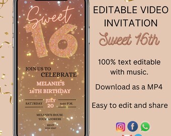 Sweet 16th Invitation, Editable Sweet Sixteen Birthday invite, Rose gold Electronic Phone Text Evite, Digital Invite, sweet sixteen evite