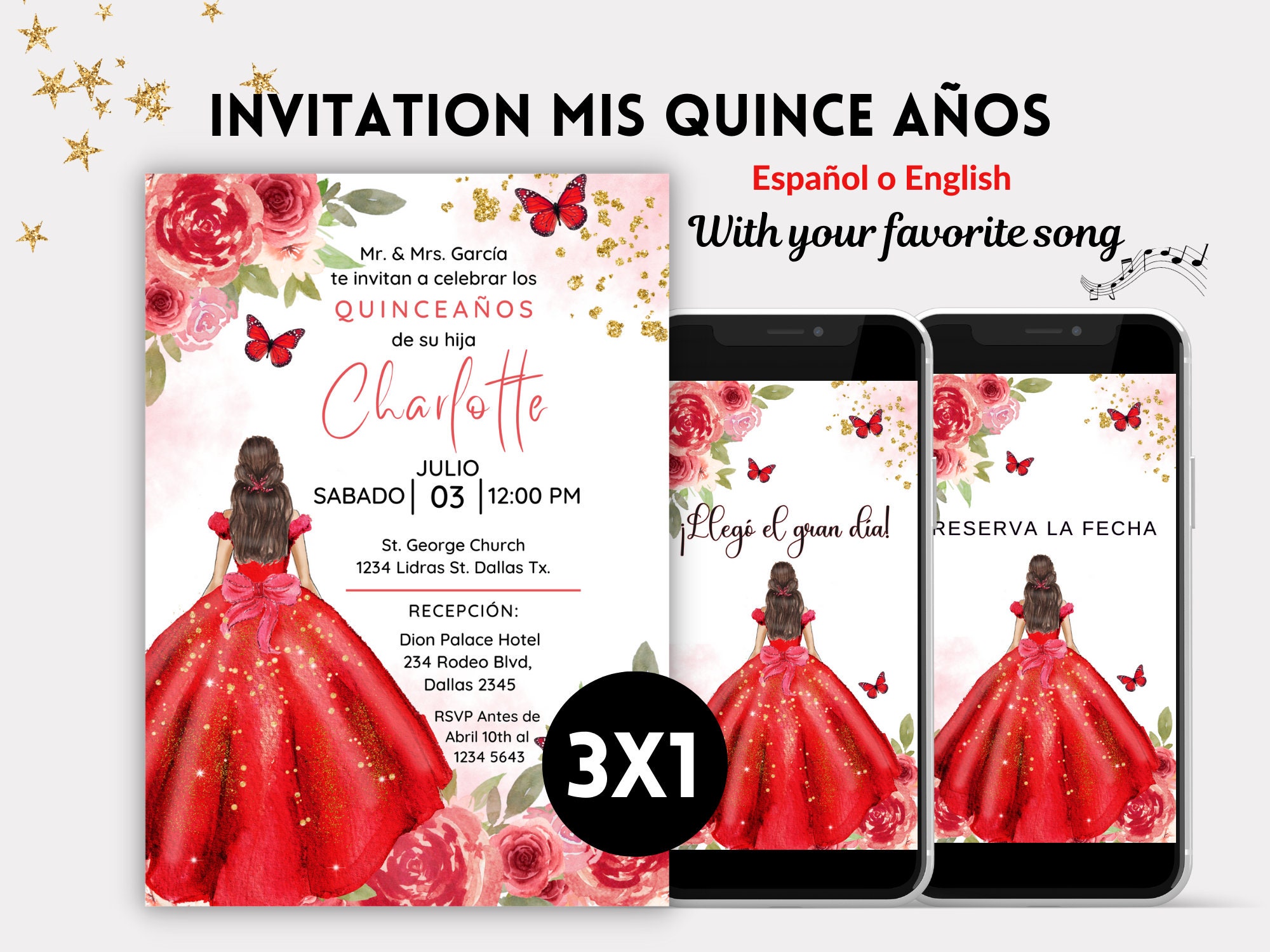 Quinceañera Invitation Red and Gold Floral With Butterflies
