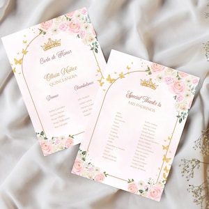 May include: Two pink and white floral cards with gold accents. The first card has the text "Corte de Honor Olivia Nuñez Quinceañera" and lists names under the headings "Damas" and "Chambelanes". The second card has the text "Special Thanks to MIS PADRINOS" and lists names under the heading "SA" and "KA".