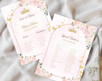 Pink and Rose Gold Quinceañera Mis Padrinos List, EDITABLE Princess Tiara Template, Mis Quince Anos 15th Birthday Instant Download,