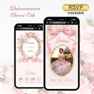 Puede incluir: Dos smartphones que muestran diseños de invitaciones de Quinceañera. Las invitaciones presentan detalles en rosa y dorado, elementos florales y el texto "Quinceañera Sweet 16th". Un diseño incluye un temporizador de cuenta regresiva, el otro una foto.