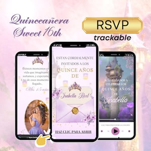 May include: Three smartphones displaying Quinceañera invitations. The invitations feature a purple and gold color scheme with floral accents and the text "Quinceañera Sweet 16th". One invitation says "RSVP trackable".