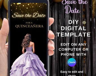 Lila, paarse Quinceanera uitnodiging bewerkbaar, digitale Sweet zestien Save the Date, Sweet 16 uitnodiging, Quinceanera sjabloon, Sweet 15 verjaardag