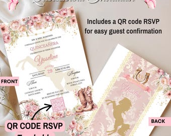 Pink charro Quinceañera Invitation with RSVP QR Code, Floral Mexican 15th Birthday Invite, sweet 16 invite, elegant floral custom, 15th