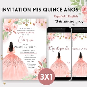 Rose Gold Floral quinceanera invitations in Spanish or English, Personalized quinceanera invitation, Digital quinceanera invitation