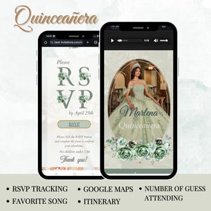 以下が含まれることがあります： 2つのスマートフォンには、Quinceañeraの招待状のデザインが表示されています。1つは、花のアクセントと「Please RSVP by April 25th」というテキストでRSVPの詳細を示しています。もう1つは、「Marlena Quinceañera」というテキストが入ったグリーンドレスを着た女性が特徴です。