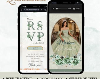 Green Sage Quinceañera Digital Invitation & Rsvp Tracking, Quinceañera Video Invite, Digital RSVP, 15th Birthday Party Invite, Sweet 16th