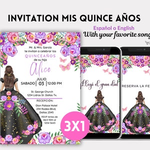 Mexican Traditional Floral Quinceanera Invitation with butterflies, Black Lavender Floral Quinceanera Invitation, Personalized Quinceanera