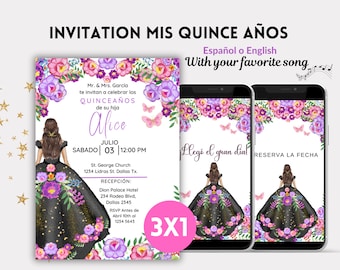 Mexicaanse traditionele bloemen Quinceanera uitnodiging met vlinders, zwarte lavendel bloemen Quinceanera uitnodiging, gepersonaliseerde Quinceanera