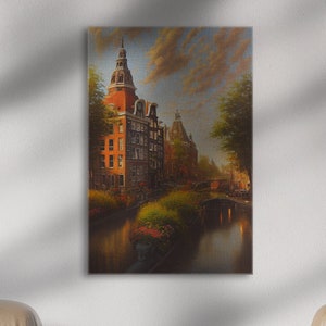 Dutch Canals, Framed Original Oil Painting Print on Canvas | Unique Colorful Painting | Framed canvas art