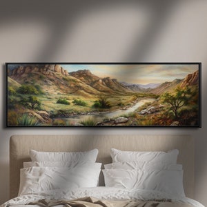 Wild West Landscape Art, Framed original Landscape Oil Painting Print on Canvas in Floating Frame | Panoramic Canvas | Western landscape