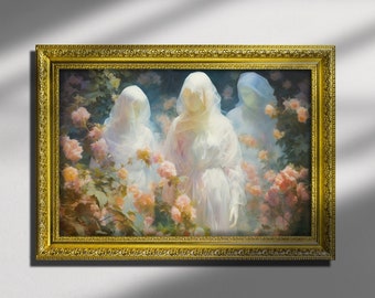 Garden of Souls, Spooky art, Dark Academia, Ghost Art, Gothic Home Decor, Halloween print, Witchy Art, Ghost in garden, Spooky Floral Art