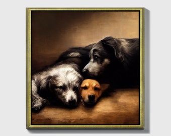 All is quiet now, Framed original dogs Oil Painting Print on Canvas in Gold Frame