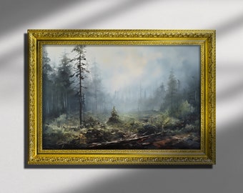 Hazy forest #1 , Framed Landscape Oil Painting Print on Canvas or Fine Art Paper, Forest Landscape, Cabin Art, Nature Art