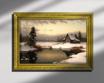 Snowy cabin at frozen lake, Framed Oil Painting Print on Canvas or Fine Art Paper, Winter Landscape, Snowy Cabin
