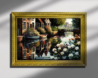 Dutch Canal, Oil Painting Print on Canvas or Fine Art Paper, Dutch art, Village scenery, Cabin Art