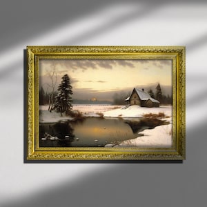 Snowy cabin at frozen lake, Framed Oil Painting Print on Canvas or Fine Art Paper, Winter Landscape, Snowy Cabin