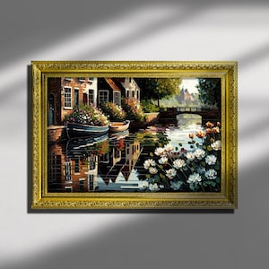 Dutch Canal, Oil Painting Print on Canvas or Fine Art Paper, Dutch art, Village scenery, Cabin Art