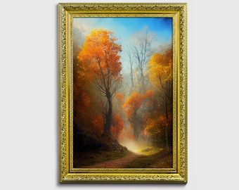 Sentier du nord, paysage original encadré orné de peinture à l'huile sur papier d'art dans un cadre orné d'or ou de bronze