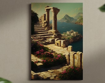 Ancient View, Framed original landscape Oil Painting Print on Canvas in Decorative Floating Gold Frame