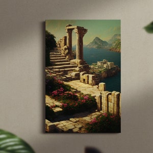 Ancient View, Framed original landscape Oil Painting Print on Canvas in Decorative Floating Gold Frame