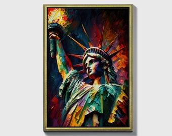 Statue de la liberté encadrée originale peinture à l'huile sur toile | Peinture colorée unique | Impressionnisme moderne | Toile encadrée
