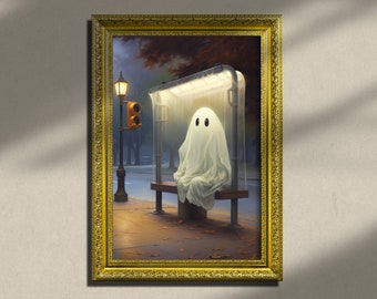 Ghost waiting for the bus, Print on Canvas or Art Paper, Dark Academia, Cottagecore, Halloween print, Witchy Art, Ghost Print, Cute ghost