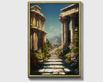 Ancient Trail, Framed original landscape Oil Painting Print on Canvas in Decorative Floating Gold Frame
