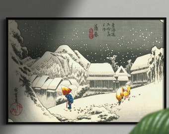 Evening snow at Kanbara (Utagawa Hiroshige 1834), Fine Art Paper Reproduction, Woodblock print, Fifty-three stations of the Tokaido series
