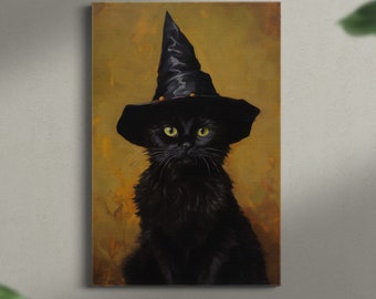 Cat wearing black witch hat, Original Oil Painting Print on Canvas, Dark Academia, Gothic Victorian, Gothic Home Decor, Wicca, Witchcraft
