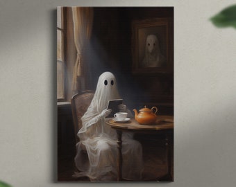 Coffee Time with a Ghost, Ölgemälde auf Leinwand, Dark Academia, Geisterbild, Witchy Decor, Gothic Home Decor, Cottagecore