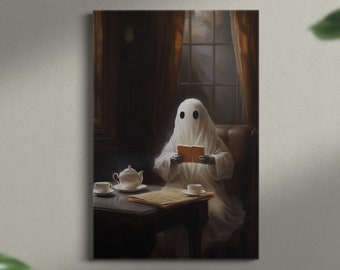Geist liest ein Buch, Ölgemälde Kunststil Druck auf Leinwand, Dark Academia, Geisterkunst, Gothic Victorian, Bürodekoration, Cottagecore