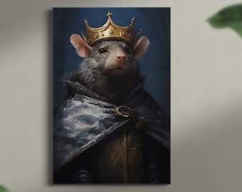 Rat Royalty, Oil Painting Art Style Print on Canvas, Home Decor, Animal Lover Gift, Classic Art, Rat Portrait, Animal Canvas, Rat King
