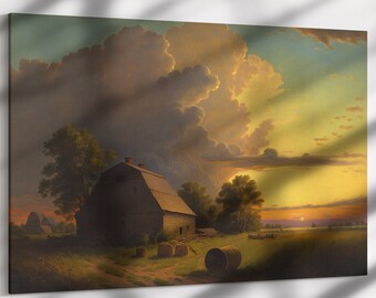 Golden Pastures, Framed original landscape Oil Painting Print on Canvas in Floating Frame