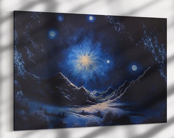 Winter Night Framed Oil Painting Print on Canvas | Unique Vintage Painting | Celestial Wall Art | Framed Canvas Art | Night Sky Print