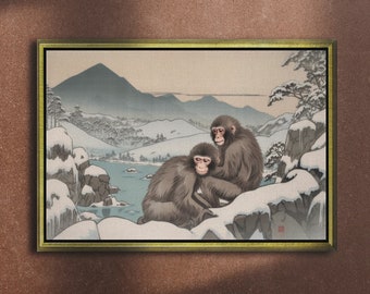 Snow Monkeys, Print on Canvas or Fine Art Paper, Ukiyo-e, Japanese art, Traditional Print, Vintage Artwork, Oriental Art, Wildlife Print