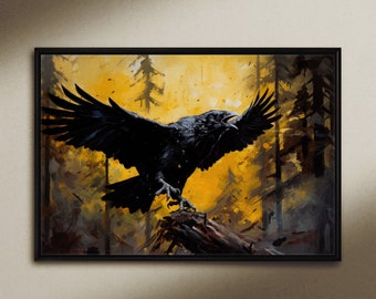 The Crow’s Call, Oil Painting Print on Canvas or Fine Art Paper, cool living room art, Crow Art, Wildlife Art, Woodsy Art, Crow on a Branch