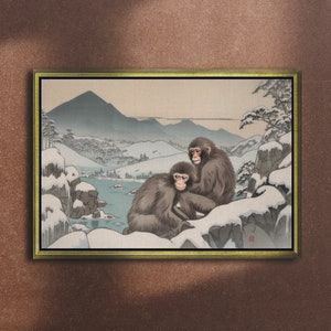 Scimmie delle nevi, stampa su tela o carta fine art, Ukiyo-e, arte giapponese, stampa tradizionale, opere d'arte vintage, arte orientale, stampa della fauna selvatica
