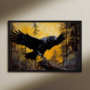Il richiamo del corvo, stampa pittura a olio su tela o carta artistica, bella arte del soggiorno, arte del corvo, arte della fauna selvatica, arte boscosa, corvo su un ramo