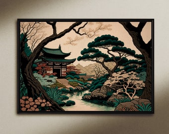 Japanese Garden, Woodblock print on Canvas or Fine Art Paper, Ukiyo-e, Japanese art, Traditional Print, Vintage Artwork, Oriental Art