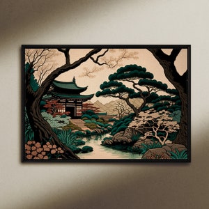 Japanese Garden, Woodblock print on Canvas or Fine Art Paper, Ukiyo-e, Japanese art, Traditional Print, Vintage Artwork, Oriental Art