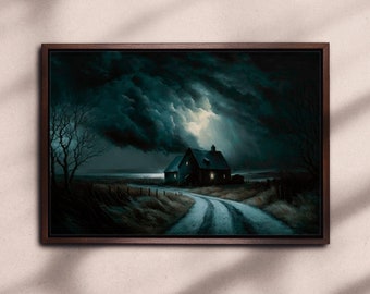 Darkness Falls, Framed Oil Painting Print on Canvas or Fine Art Paper, Dark Landscape Art, Cabin Art, Dark Clouds, Storm scenery, Moody
