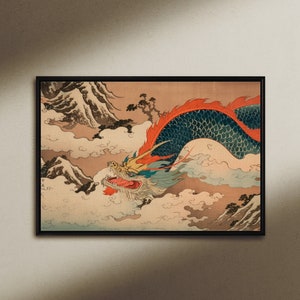 Drago che svetta nel cielo, stampa in stile xilografia su tela o carta artistica, fantastica arte del soggiorno, drago giapponese, mitologia giapponese