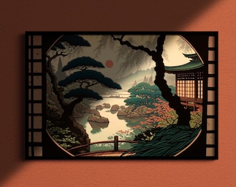 Une fenêtre sur le Japon, gravure sur bois sur toile ou papier d'art, ukiyo-e, art japonais, impression traditionnelle, vintage, art oriental, art zen