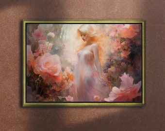Garden Muse , Oil Painting Print on Canvas or Fine Art Paper, Floral Beauty, Serene Atmosphere, Feminine, Romantic Art Grace, Garden Scene