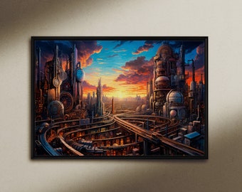 Gear City, Print on Canvas or Fine Art Paper, Cool living room art, Dystopian City, Future City Print, Sci-Fi Fantasy, Steampunk City