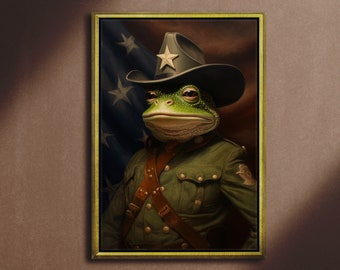Frog Sheriff, Oil Painting Style Print on Canvas or Art Paper, cool living room art, frog portrait, Animal Dressed as Sheriff, Amphibian Art