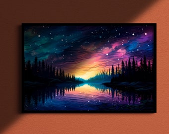 Dreamy Night Forest Lake #4, Oil Painting Print on Canvas or Fine Art Paper, cool living room art, lake at night, starry night, colorful art