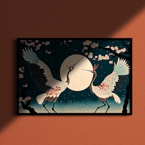 Gru sotto la luna piena, stampa in stile xilografia su tela o carta artistica, arte da salotto, uccello gru, poster, arte giapponese, arte animale