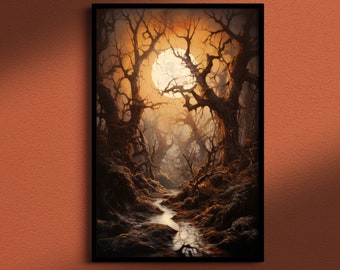 Gnarly Forest, Oil Painting Style Fine art Poster Print, Dark Academia, Gothic Decor, Halloween print, Witchy Art, Dark Art, Haunted Forest